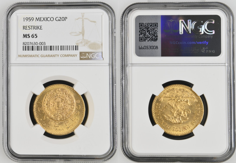 1959年 メキシコ 20ペソ金貨 リストライク NGC MS65 (8207630-003) KM# 478, Gold 90%, 16.66g, 27.5m...