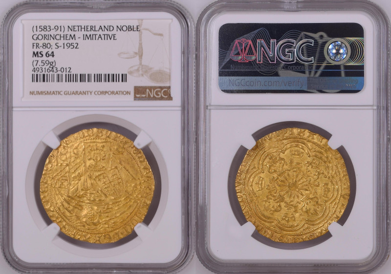 1583-91年 オランダ ホルクム ローズノーブル模倣グルデン金貨 NGC MS64 準TopPop (4931643-012) Delmonte G# 82...
