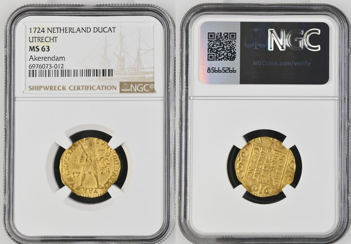 1724年 オランダ ユトレヒト オランダ東インド会社アケレンダム 沈没船 ダカット金貨 NGC MS63 (6976073-012) KM# 7.3, 7.4...
