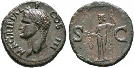 Kaiserzeit. Agrippa †12 v. Chr. As (unter Caligula) 37/41 -Rom-. M AGRIPPA LF COS III. Büste mit Rostalkrone nach links / Neptun mit Delphin und aufre...
