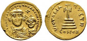 Heraclius mit Heraclius Constantinus 613-641. Solidus 616/625 -Constantinopolis-. 9. Offizin. Beide gekrönte Büsten von vorn / Stufenkreuz. MIB 11, So...
