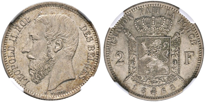 Belgien-Königreich. Leopold II. 1865-1909. 2 Francs 1868. Französische Legende. ...