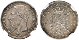 Belgien-Königreich. Leopold II. 1865-1909. 50 Centimes 1881. Französische Legende. KM 26. In Plastikholder der NGC (slapped) mit der Bewer­tung MS 63
...