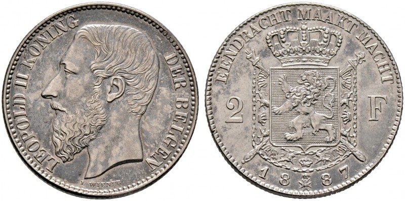 Belgien-Königreich. Leopold II. 1865-1909. 2 Francs 1887. Flämische Legende. KM ...