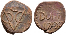 Ceylon als niederländische Kolonie (Vereinigte Ostindien-Compagnie). Bronze-1 Duit 1792. KM 33.2.
gutes sehr schön