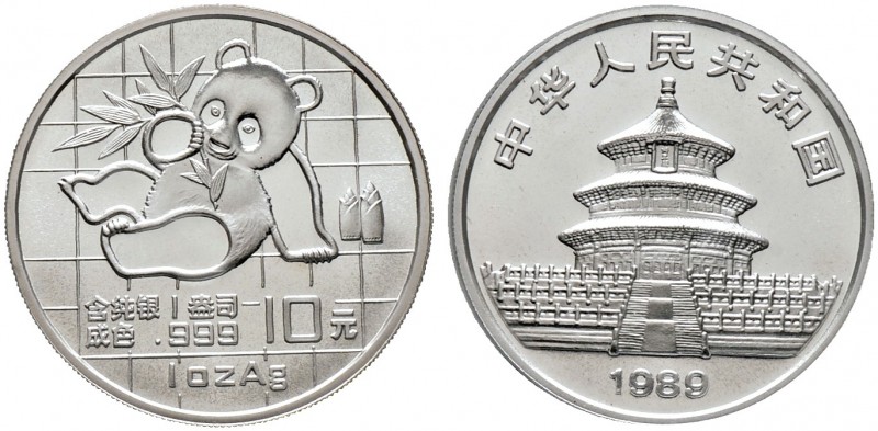 China-Volksrepublik. 10 Yuan (1 Unze Silber) 1989. Panda mit Bambuszweig. KM A22...