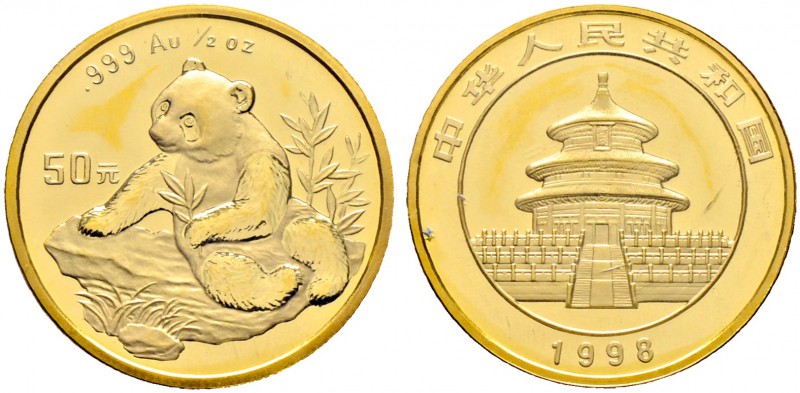 China-Volksrepublik. 50 Yuan 1998. Panda. KM 1129, Fr. B5. 15,55 g Feingold (1/2...