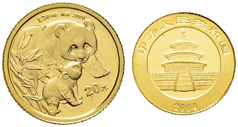 China-Volksrepublik. 20 Yuan 2004. Pandamutter mit Jungem. KM 1529, Fr. B18. 1,5...