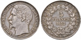 Frankreich-Königreich. Louis Napoleon, President 1848-1852. 5 Francs 1852 -Paris-. Gad. 726, Dav. 94.
feine Patina, minimale Kratzer, vorzüglich