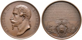 Frankreich-Königreich. Napoleon III. 1852-1870. Große Bronzemedaille 1855 von Gayrard, auf die Grundsteinlegung des Rathauses von Le Havre. Belorbeert...