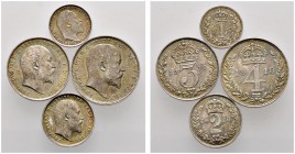 Großbritannien. Edward VII. 1901-1910. 4 tlg. Maundy Set 1907. Bestehend aus Fourpence, Threepence, Twopence und Penny. Spink 3985.
feine Patina, Stem...