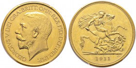 Großbritannien. George V. 1910-1937. 5 Pounds 1911. Kopf des Königs nach links / Pistrucci's St. Georg im Kampf mit dem Drachen. Spink 3994, Fr. 402, ...
