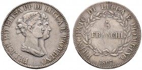 Italien-Lucca (und Piombino). Felice Baciocci und Elisa Bonaparte 1805-1814. 5 Franchi 1807 -Florenz-. Pagani 253, Dav. 203.
Revers justiert, minimale...
