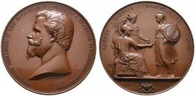 Italien-Sardinien. Vittorio Emanuele II. 1849-1878. Bronzemedaille 1855 von B. Wyon, auf seinen Besuch in London. Büste des Königs nach links / Stehen...