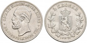 Norwegen. Oskar II. 1872-1907. 2 Kroner 1878. KM 359.
winzige Randfehler, gutes sehr schön