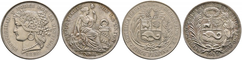 Peru. Republik. Lot (2 Stücke): 5 Pesetas 1880 sowie Sol 1915. KM 201.1, 196.26....
