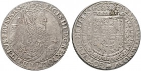 Polen. Sigismund III. Wasa 1587-1632. Taler 1628 -Bromberg-. Gekröntes Hüftbild mit geschultertem Schwert nach rechts, die Linke hält einen Reichsapfe...