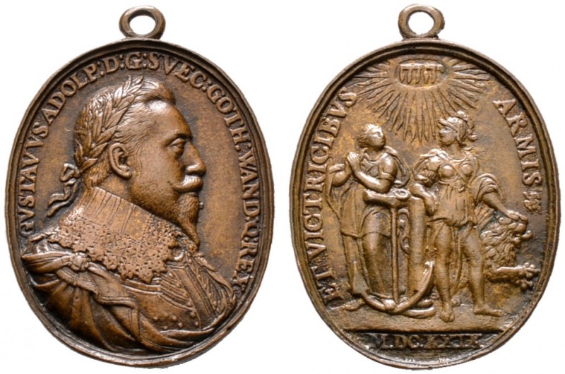 Schweden. Gustav II. Adolf 1611-1632. Tragbare, ovale Bronzegussmedaille 1629 vo...