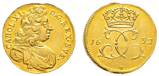 Schweden. Karl XI. 1660-1697. 1/4 Dukat 1692 -Stockholm-. Brustbild des Königs i...