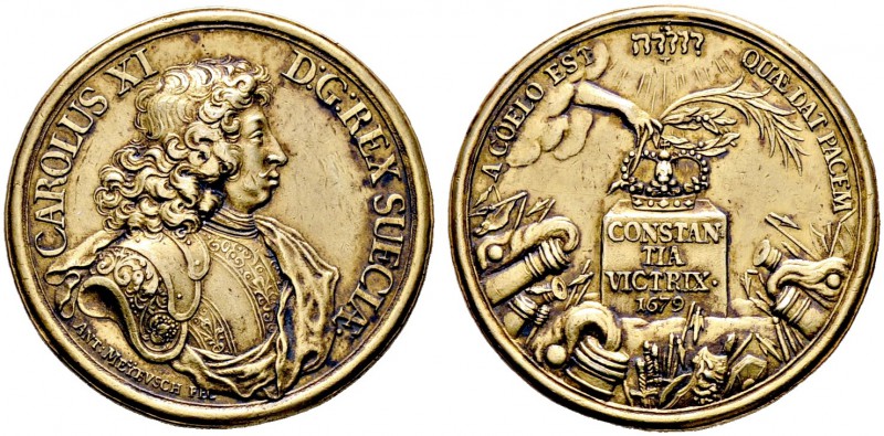 Schweden. Karl XI. 1660-1697. Vergoldete Silbermedaille 1679 von Anton Meybusch,...