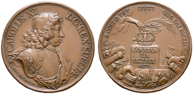Schweden. Karl XI. 1660-1697. Bronzemedaille 1679 von Anton Meybusch, auf den Fr...