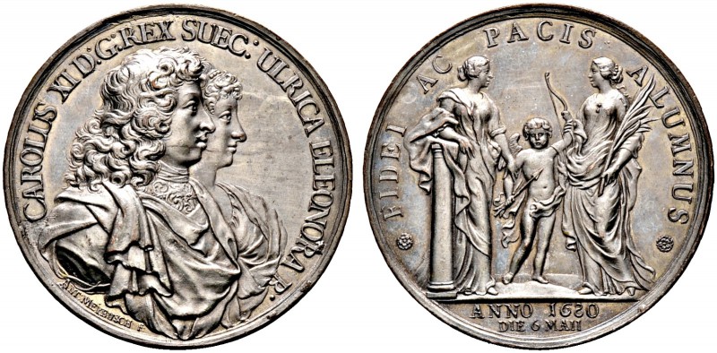 Schweden. Karl XI. 1660-1697. Versilberte Bronzemedaille o.J. (1680) von Anton M...