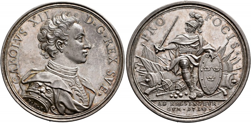 Schweden. Karl XII. 1697-1718. Silbermedaille 1710 von P.H. Müller, auf den schw...