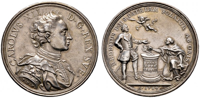 Schweden. Karl XII. 1697-1718. Silbermedaille 1714 von P.H. Müller, auf die Rück...