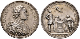 Schweden. Karl XII. 1697-1718. Silbermedaille 1714 von P.H. Müller, auf die Rückkehr Karls XII. aus dem türkischen Exil und seine Ankunft in Stralsund...