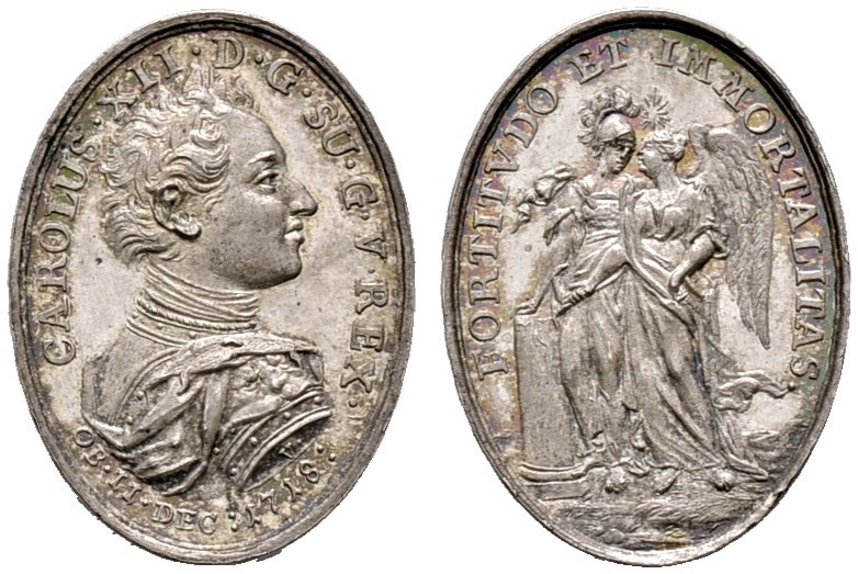 Schweden. Karl XII. 1697-1718. Ovale Silbermedaille 1718 von G.W. Vestner, auf d...