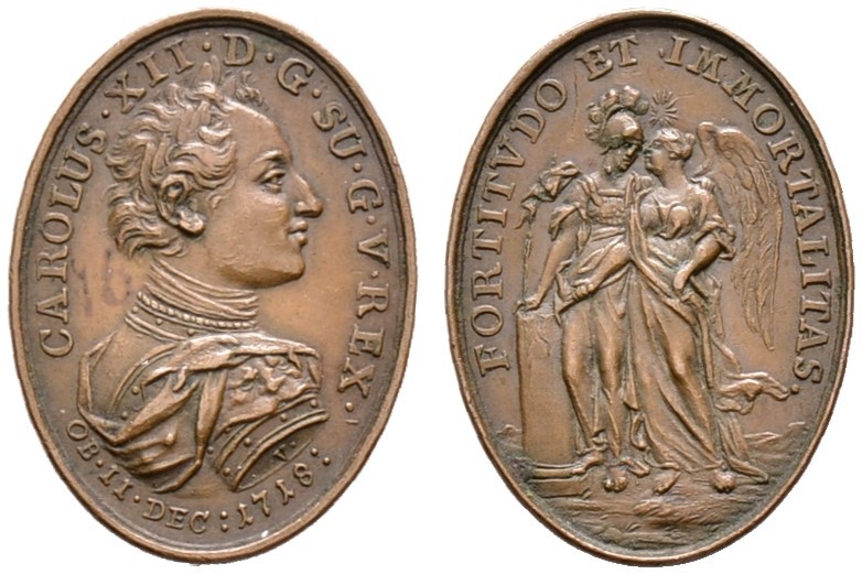 Schweden. Karl XII. 1697-1718. Ovale Bronzemedaille 1718 von G.W. Vestner, auf d...