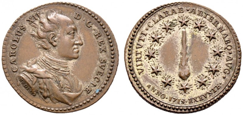 Schweden. Karl XII. 1697-1718. Bronzemedaille 1718 von Johann Carl Hedlinger, au...
