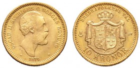 Schweden. Oskar II. 1872-1907. 10 Kronor 1874. SM 25b, Fr. 94, Schl. 111. 4,49 g
vorzüglich-prägefrisch