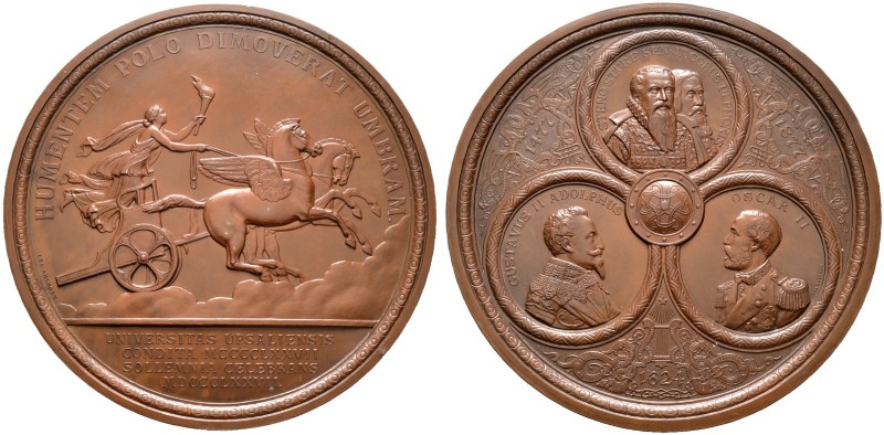 Schweden. Oskar II. 1872-1907. Große Bronzemedaille 1877 von L. Ahlborn, auf die...