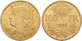 Schweiz-Eidgenossenschaft. 100 Franken 1925 -Bern-. Typ Vreneli. DT 291, HMZ 2-1193a, Divo 359, Fr. 502, Schl. 20. 29,03 g Feingold
selten, vorzüglich...