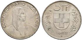 Schweiz-Eidgenossenschaft. 5 Franken 1922 -Bern-. DT 298, HMZ 2-1199a, Dav. 393.
fast vorzüglich