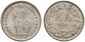 Schweiz-Eidgenossenschaft. 1/2 Franken 1878 -Bern-. DT 309, HMZ 2-2-1206c.
feine Erhaltung, vorzüglich-prägefrisch