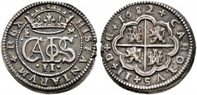 Spanien. Carl II. 1665-1700. 2 Reales 1682 -Segovia-. CCT 447, KM 195.
feine Patina, minimale Schrötlingsfehler am Rand, vorzüglich