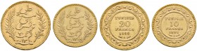 Tunesien. Französisches Protektorat 1881-1956. Lot (2 Stücke): 20 Francs 1892 und 10 Francs 1891 -Paris-. Fr. 12,13, Schl. 616,627. zus. 9,70 g
kleine...