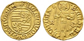 Ungarn. Sigismund 1387-1437. Goldgulden o.J. (ca. 1404) -Kremnitz-. Kammergraf Petrus Druslin. Ähnlich wie vorher, jedoch das quadrierte Wappen mit zw...