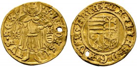 Ungarn. Matthias Corvinius 1458-1490. Goldgulden o.J. (1470) -Kremnitz-. Kammergraf Johann Constorffer. Huszar 674, Pohl K1-8, Fr. 20. 3,38 g
gelocht,...