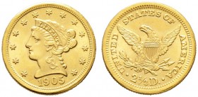 USA. 2 1/2 Dollars 1905 -Philadelphia-. Liberty Head. KM 72, Fr. 114. 4,20 g
sehr selten in dieser Erhaltung, Prachtexemplar, fast Stempelglanz