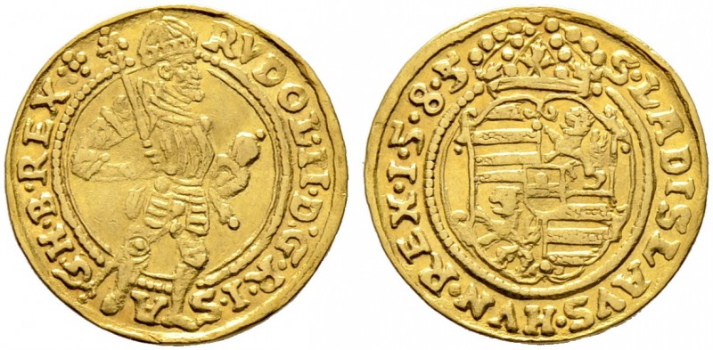 Haus Habsburg. Rudolf II. 1576-1612. Dukat 1585 -Wien-. Nach rechts stehender Ka...