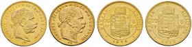 Haus Österreich. Franz Josef I., Kaiser von Österreich 1848-1916. Lot (2 Stücke): 8 Forint zu 20 Franken 1875 und 1890 -Kremnitz-. Her. 257,274, J. 36...