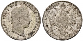 Haus Österreich. Franz Josef I., Kaiser von Österreich 1848-1916. 1/4 Gulden 1857 -Wien-. Her. 623, J. 326.
leicht fleckige Patina, prägefrisch