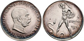 Haus Österreich. Franz Josef I., Kaiser von Österreich 1848-1916. SILBER-PROBE zu 1 Krone 1914 von Karl Goetz (unsigniert). Glatter Rand. Her. 1146 (d...