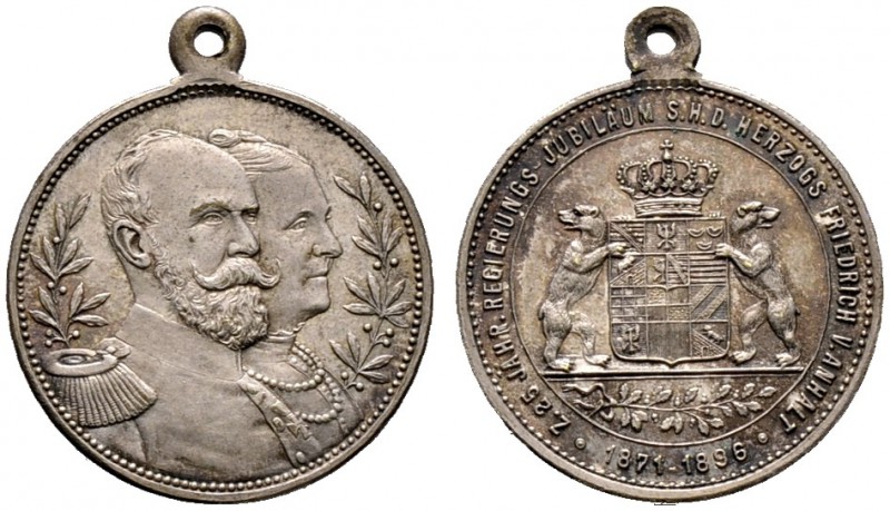 Anhalt-Dessau. Friedrich I. 1871-1904. Tragbare, versilberte Bronzemedaille 1896...