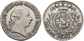Baden-Durlach. Karl Friedrich 1746-1811. 1/2 Konventionstaler 1778. Wiel. 725.
sehr schön-vorzüglich