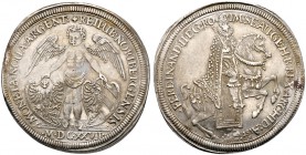 Nürnberg, Stadt. Doppeltaler 1627 von Georg Nürnberger d.Ä. Geflügelter Genius ohne Brustbinde hält die beiden Stadtwappen / Nach rechts reitender, ge...
