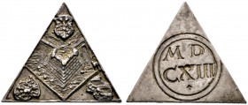 Nürnberg, Stadt. Dreieckige, silberne Medaillenklippe 1613 unsigniert, auf die Grundsteinlegung der Wöhrder Bastei. Vereinfachte Ansicht der Bastei au...